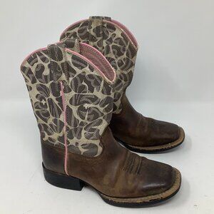 Ariat girls Quickdraw western boots 12 tan brown giraffe print pink
